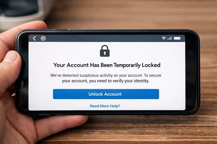 تصویر پیام خطای Your Account Has Been Temporarily Locked و نیاز به رفع لاک موقت اکانت اینستاگرام