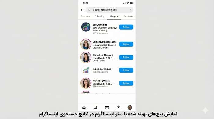 نمایش پیج‌های بهینه شده با سئو اینستاگرام در نتایج جستجوی اینستاگرام