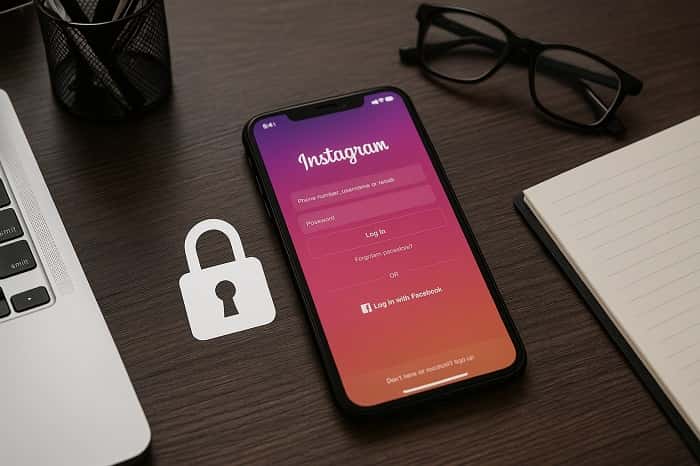 تصویر لاگین اینستاگرام با قفل امنیت برای نشان دادن نکات امنیتی برای ادمین پیج