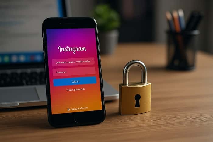 تصویر لاگین اینستاگرام با قفل امنیت برای نمایش روند بازیابی پیج هک شده