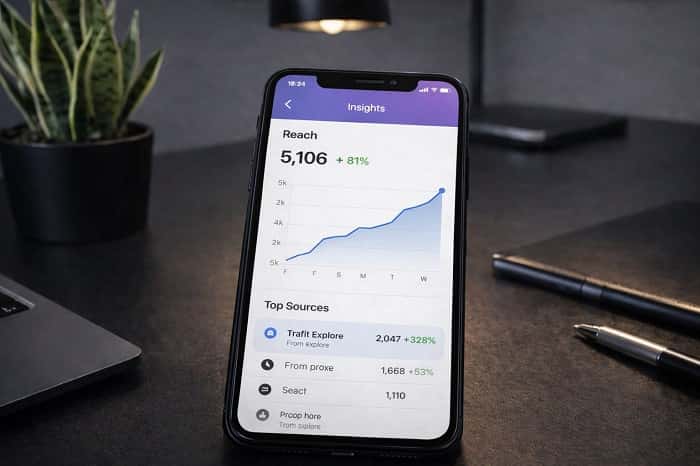 نمودار Insights از Reach و منبع ورودی Explore Alt: افزایش ورودی اکسپلور با بهینهسازی ریلز و تحلیل Insights