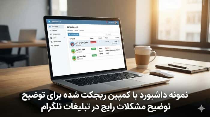 نمونه داشبورد با کمپین ریجکت شده برای توضیح مشکلات رایج در تبلیغات تلگرام