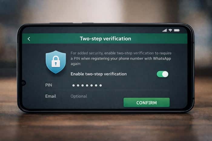 تصویر داشبورد تنظیمات امنیتی واتساپ (Two-step verification)