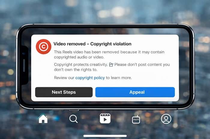 نمونه هشدار کپی رایت و شروع فرایند رفع مشکل کپی رایت در اینستاگرام