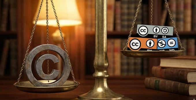 یک تصویر مفهومی از ترازویی که در یک کفه آن نماد «کپی رایت» و در کفه دیگر نمادهای CC (BY، SA، NC، ND) قرار دارد تا تعادل بین محافظت از اثر و اشتراک‌گذاری آزاد را نشان دهد.