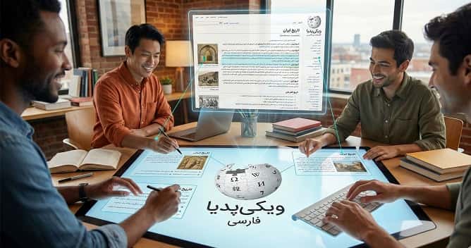 یک تصویر مفهومی از چند کاربر که در حال ساخت یک مقاله مشترک روی صفحه‌ای با لوگوی «ویکی‌پدیای فارسی» هستند تا مشارکت جمعی و داوطلبانه در این دانش‌نامه را به‌صورت بصری نمایش دهد.