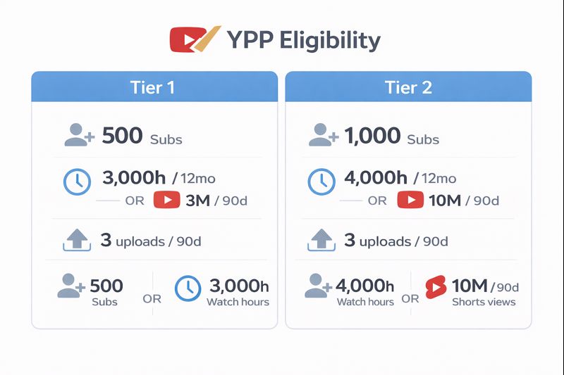 یک اینفوگرافی ساده از «شرطهای ورود به YouTube Partner Program» در دو سطح با آیکن دنبالکننده، ساعت تماشا و بازدید Shorts