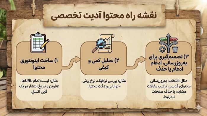 یک اینفوگرافی مرحله‌به‌مرحله با عنوان «نقشه راه محتوا آدیت تخصصی» که سه فاز اصلی را نشان بدهد: ۱) ساخت اینونتوری محتوا ۲) تحلیل کمی و کیفی ۳) تصمیم‌گیری برای به‌روزرسانی، ادغام یا حذف، همراه با آیکون و مثال کوتاه برای هر مرحله. عکس این برام بساز طبیعی باشه و افقی و انیمه نباشه