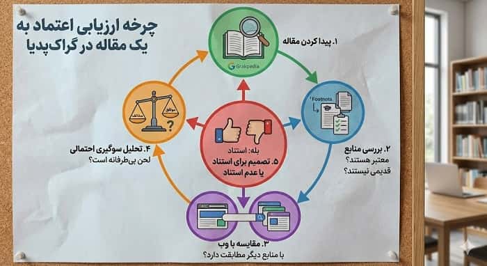 تصویری مقایسه‌ای دو ستونی که در سمت چپ فرآیند تولید مقاله در یک دانشنامه مشارکتی مثل ویکی‌پدیا و در سمت راست روند تولید مقاله در گراک پدیا با محوریت مدل زبانی و بازبینی محدود انسانی نمایش داده می‌شود