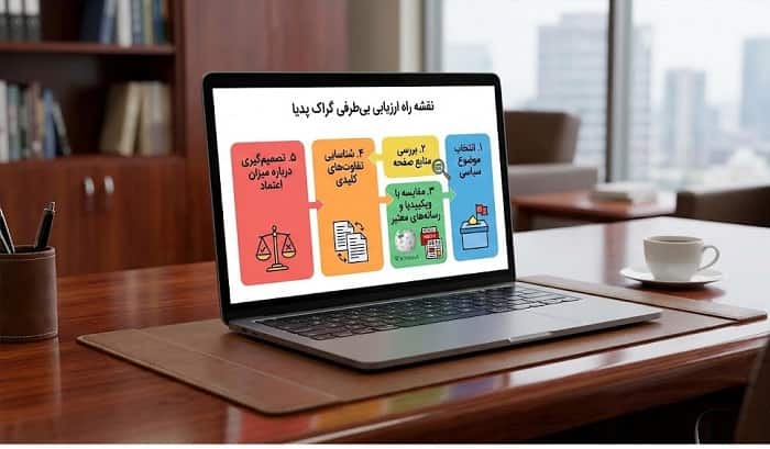 اینفوگرافیک «نقشه راه ارزیابی بی‌طرفی گراک پدیا» در ۵ گام: انتخاب موضوع سیاسی، بررسی منابع صفحه، مقایسه با ویکی پدیا و چند رسانه معتبر، شناسایی تفاوت‌های کلیدی، و در نهایت تصمیم‌گیری درباره میزان اعتماد.

