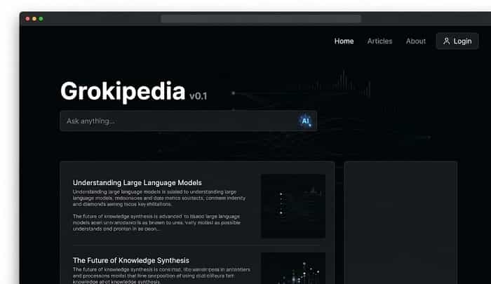 . اسکرین‌ شات صفحه‌ی تیره و مینیمال «Grokipedia v0.1» (مثل تصویر بالا) که برای تصویر هِدِر مقاله عالیه؛ چون مستقیما فضای خود گراک پدیا رو نشان می‌دهد و حس یک دانش‌نامه مدرن و AI-محور رو منتقل می‌کند.