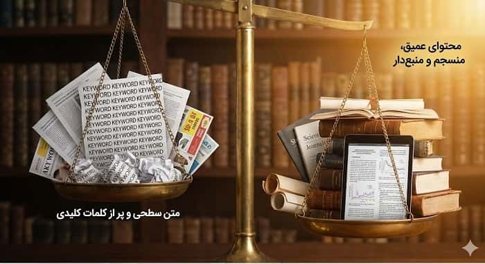 تصویری مفهومی از یک ترازو که در یک کفه «متن سطحی و پر از کلمات کلیدی» و در کفه دیگر «محتوای عمیق، منسجم و منبع‌دار» قرار دارد و کفه باکیفیت سنگین‌تر است.