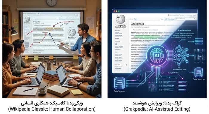 تصویری مقایسه‌ای دو قسمتی که در یک سمت، نمای یک مقاله کلاسیک ویکی پدیا با لایه‌های انسانی (افراد در حال ویرایش) و در سمت دیگر، نمای مقاله گراک پدیا با حضور یک مدل هوش‌مصنوعی و خطوط داده‌ای که به آن متصل شده‌اند را نشان می‌دهد.