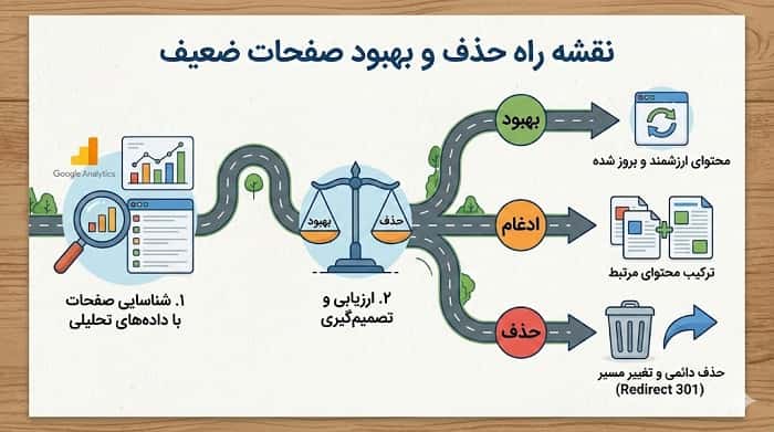 اینفوگرافی «نقشه راه حذف و بهبود صفحات ضعیف»؛ از مرحله شناسایی صفحات با داده‌های تحلیلی تا تصمیم‌گیری بین بهبود، ادغام و حذف، به صورت گام‌به‌گام و تصویری.
