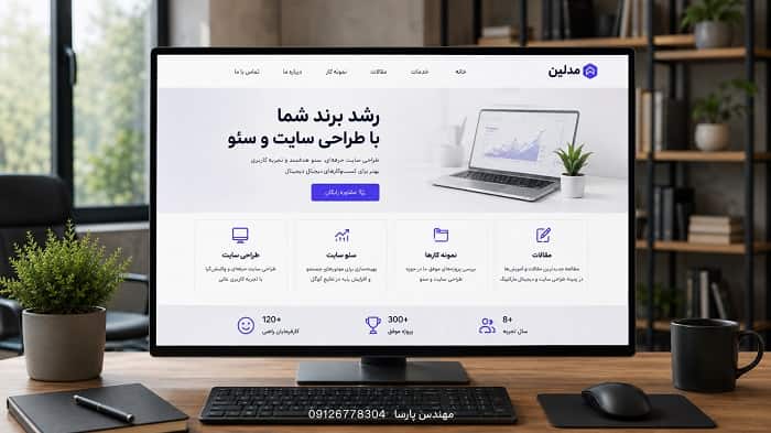صفحه اصلی سایت با منوی مرتب، لینک به خدمات، مقالات، نمونه کار و تماس.
