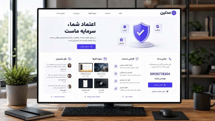 صفحه اصلی با کارت‌های نظر مشتریان، نمونه کارها، گارانتی خدمات و شماره تماس مشخص.