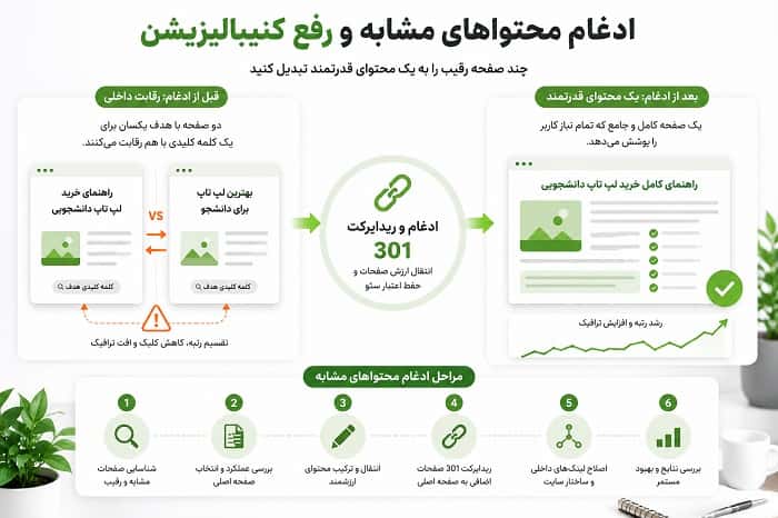 ادغام محتواهای مشابه برای رفع کنیبالیزیشن؛ راهنمای نجات رتبه صفحات